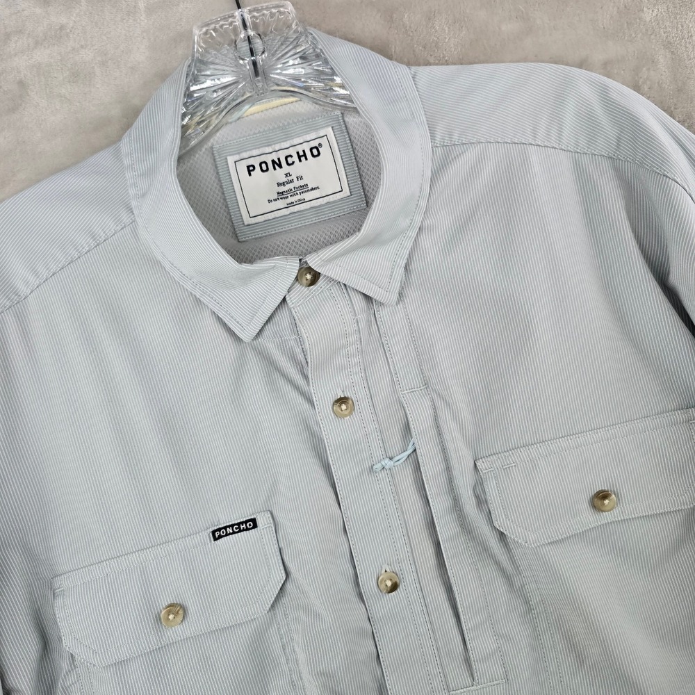 Poncho Fishing Shirt Mens XL Blue White Pinstripe Magnetic Pocket Long Sleeve